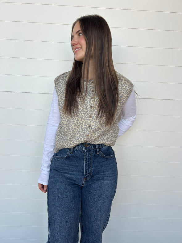 leopard print button front sleeveless vest