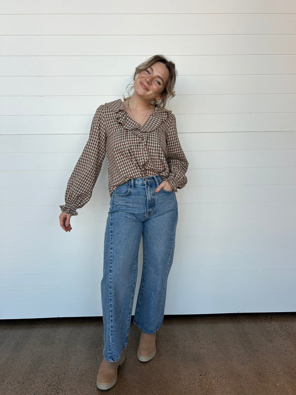 The Gianna Ruffle Neckline Gingham Blouse