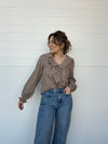 gingham ruffle detail brown blouse long sleeve 