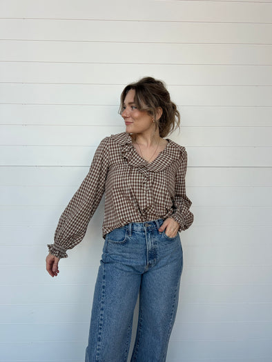 gingham ruffle detail brown blouse long sleeve 