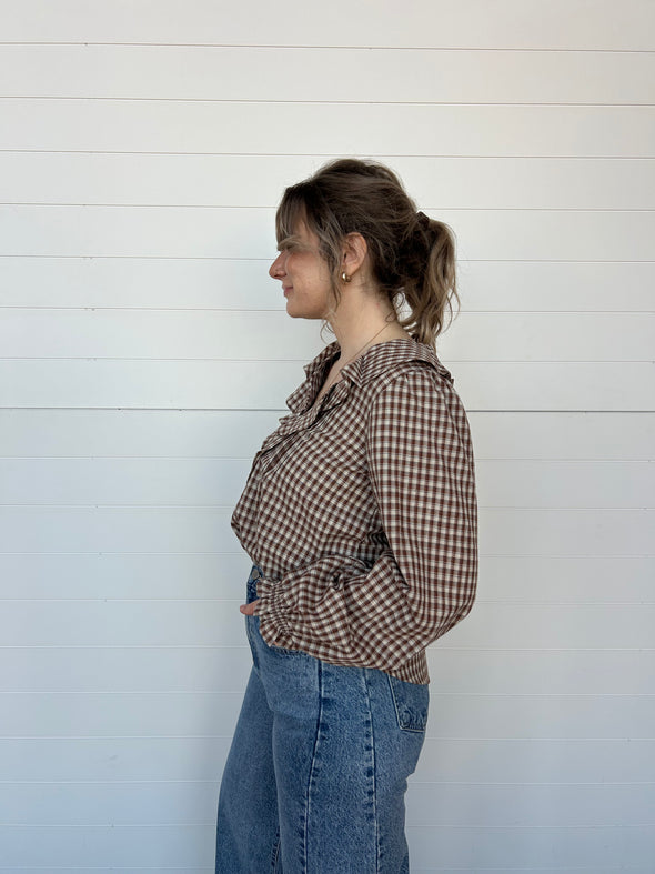 The Gianna Ruffle Neckline Gingham Blouse