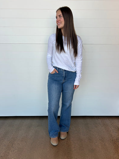 just black denim waistband detail straight leg medium wash high rise clean leg denim