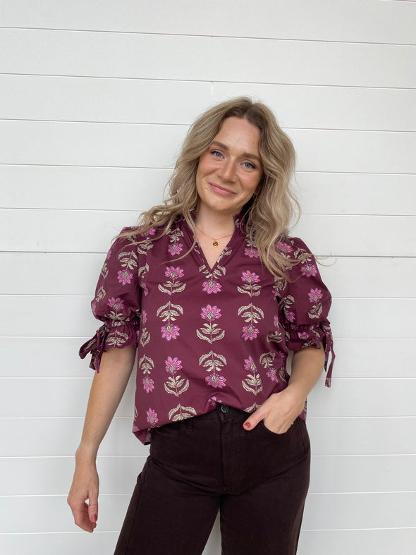 entro floral print split neckline ruffle bow detail fall blouse burgundy