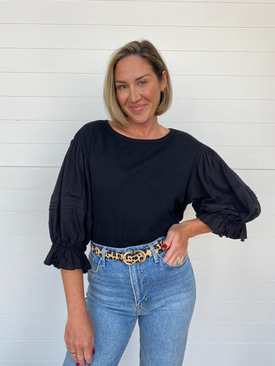 puff 3/4 sleeve blouse ruffled cuffs black blouse