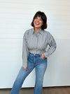 gray stripe button up collared cropped smocked detail