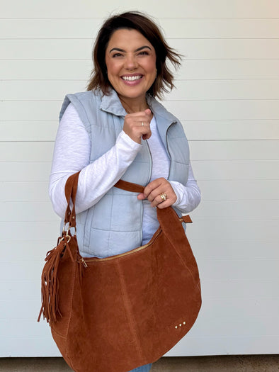 faux suede brown hobo shoulder bag tassel detail