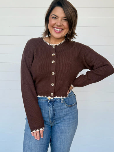 brown button front long sleeve stitching detail cardigan