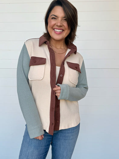 color block button up long sleeve corduroy shacket collared brown cream teal