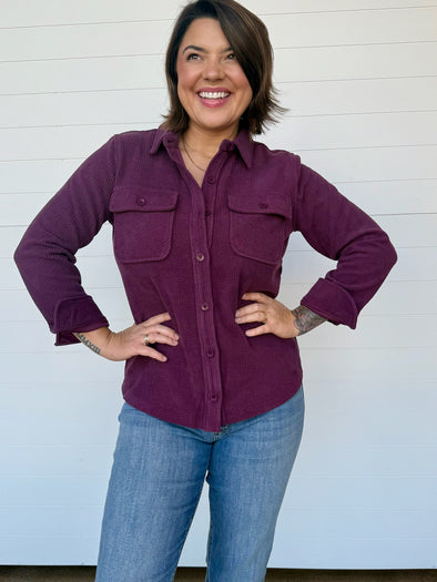purple button up corduroy shacket long sleeve collared