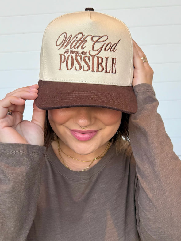 with god all things are possible embroidered trucker hat brown cream