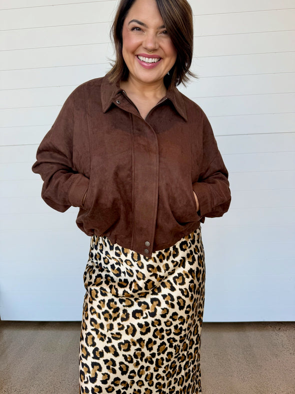 The Audrey Leopard Satin Midi Skirt
