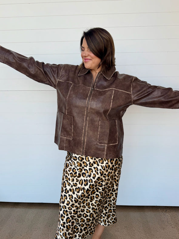 The Audrey Leopard Satin Midi Skirt