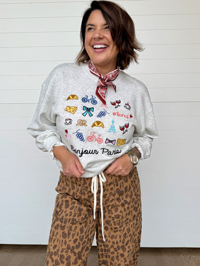 bonjour paris embroidered graphic crewneck long sleeve grey sweatshirt