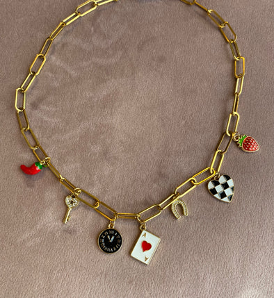paperclip chain charm necklace checkered heart clock card charm