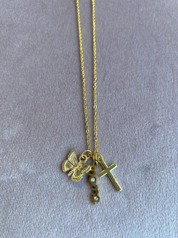 mama cross butterfly dainty charm necklace