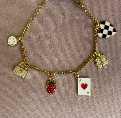 charm bracelet checkered heart strawberry lock clover smiley charm