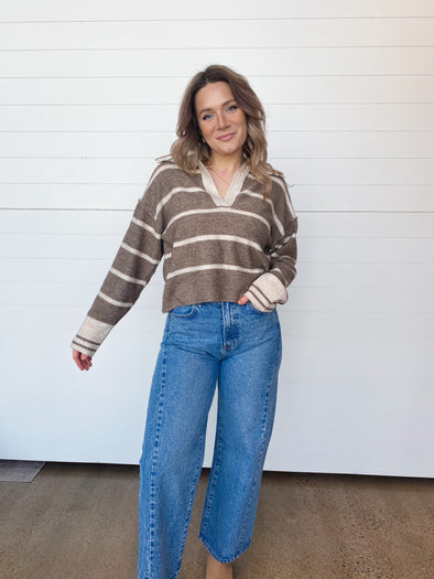 collared long sleeve v-neck striped sweater soft light brown off white