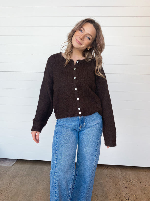 long sleeve button front cardigan sweater chocolate brown
