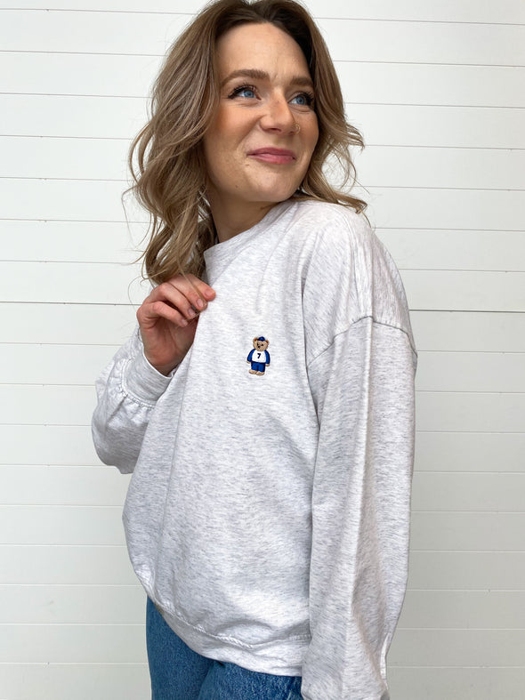 teddy bear graphic heather grey pullover sweatshirt 