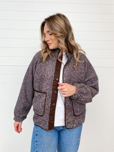 chocolate brown heather snap front lightweight sherpa jacket 