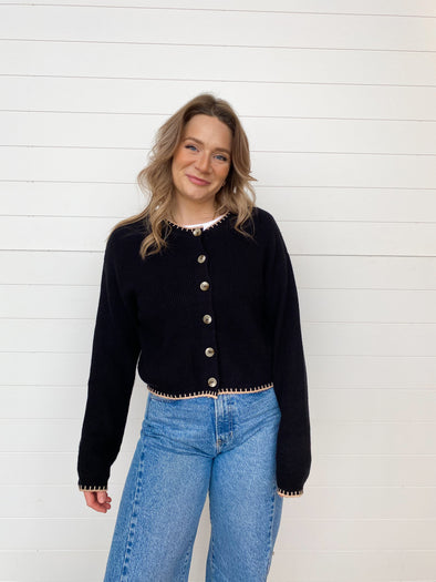 black button front long sleeve stitching detail cardigan