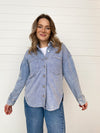 light blue knit denim relaxed fit button up jacket