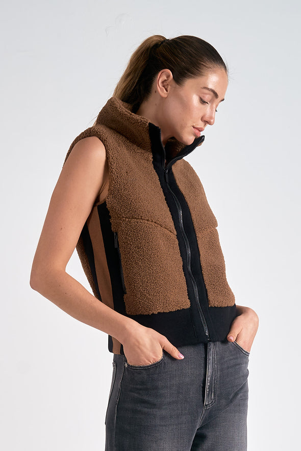 elan teddy sherpa zip up fall winter vest dark tan brown black