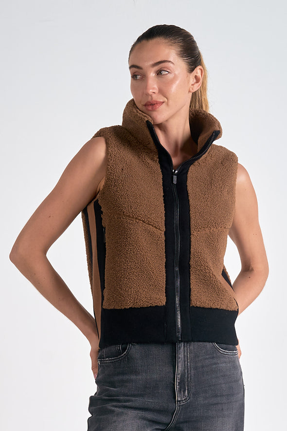 elan teddy sherpa zip up fall winter vest dark tan brown black