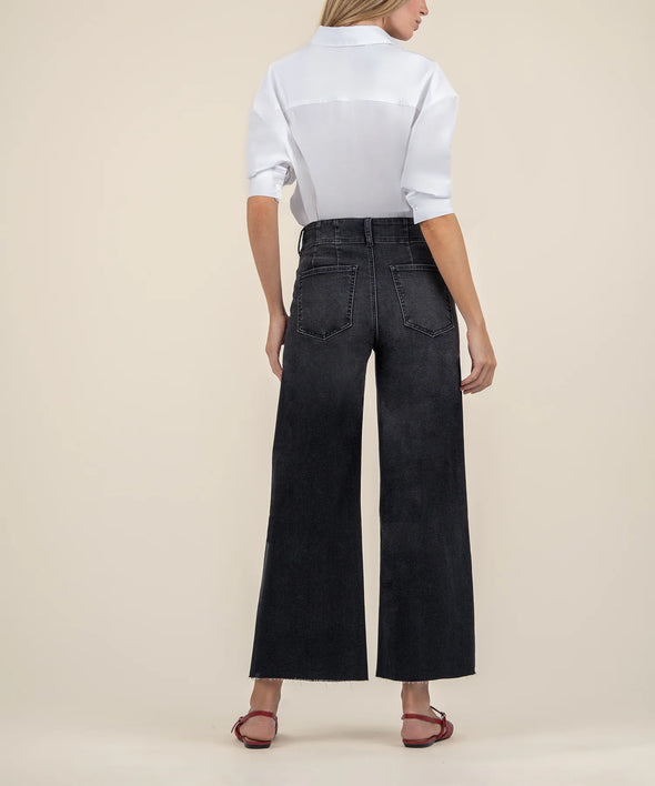 kut from the kloth meg wide leg washed black denim high rise raw hem specialist wash