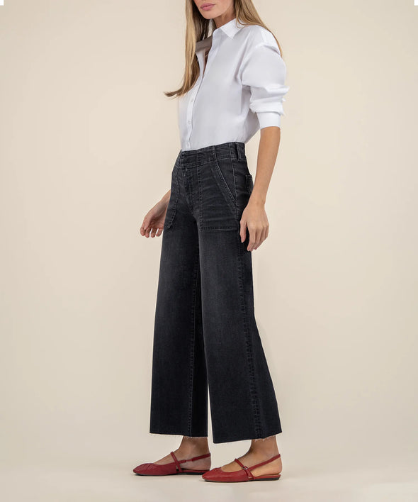 kut from the kloth meg wide leg washed black denim high rise raw hem specialist wash