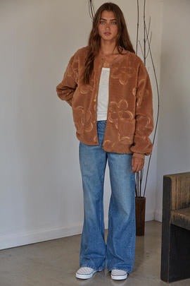 by together euphoria floral jacket flower pattern button down sherpa jacket camel brown