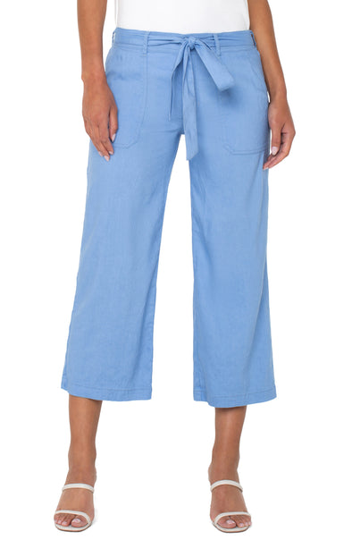 Liverpool belted wide leg crop 25 inch inseam chambray blue trouser pant