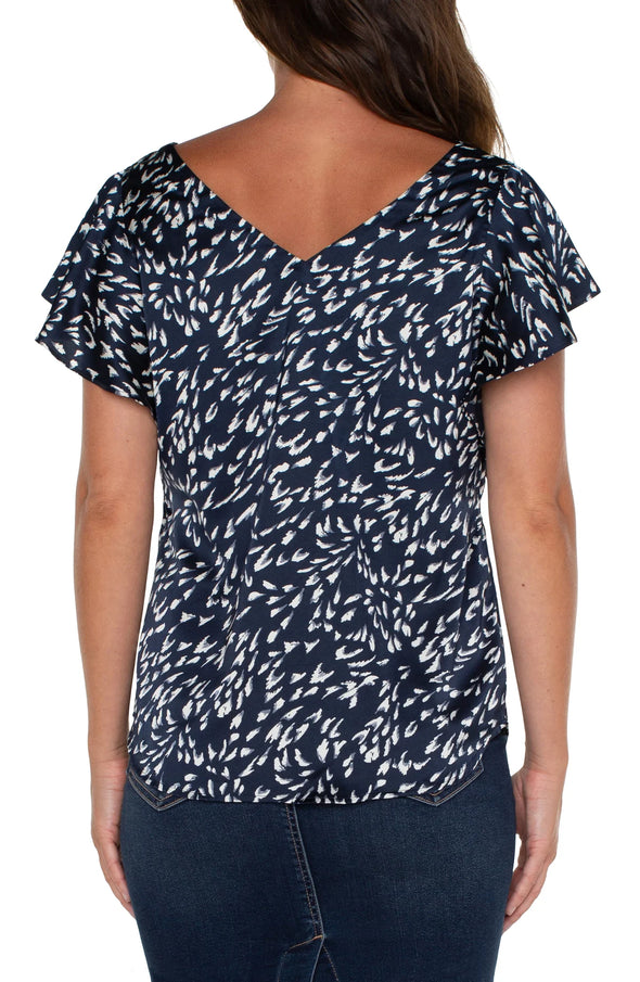 NAVY doublevneck flutter sleeve leopard print blouse