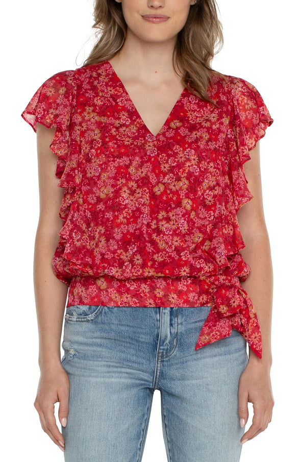 BERRY BLOSSOM FLORAL draped front cropped tie waist blouse ruffle sleeve