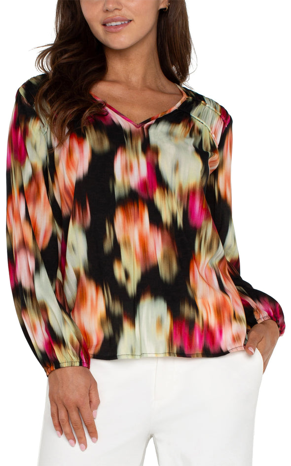 liverpool long sleeve blouse v-neck printed shirred star ruby