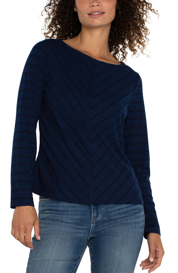 liverpool long sleeve miter front stripe knit top dark navy