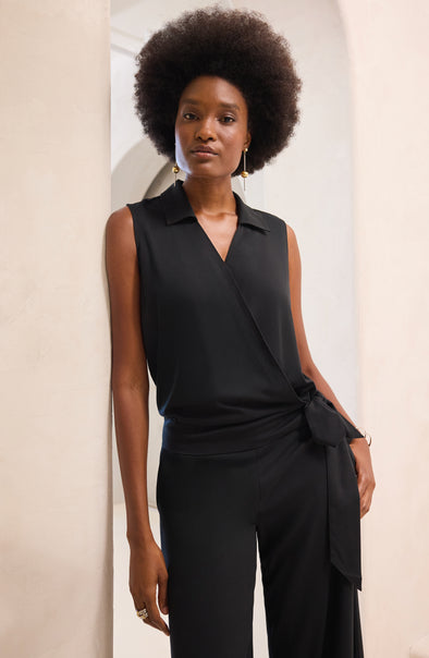 liverpool surplice top with self tie sleeveless collared blouse black