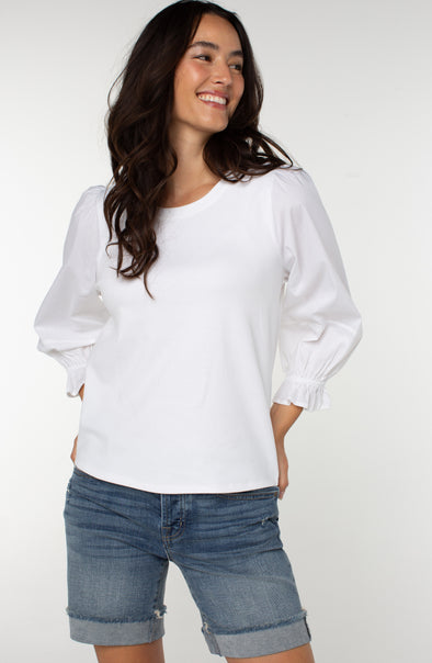 liverpool 3/4 blouson sleeve knit to woven cotton blouse cream white