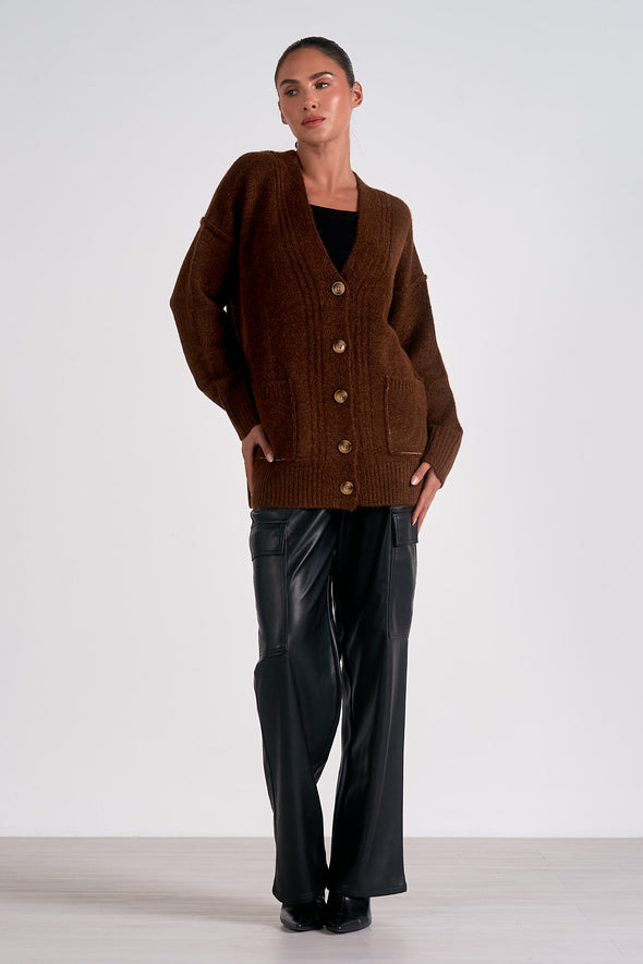 elan chunky knit oversized v-neck button front cardigan brown