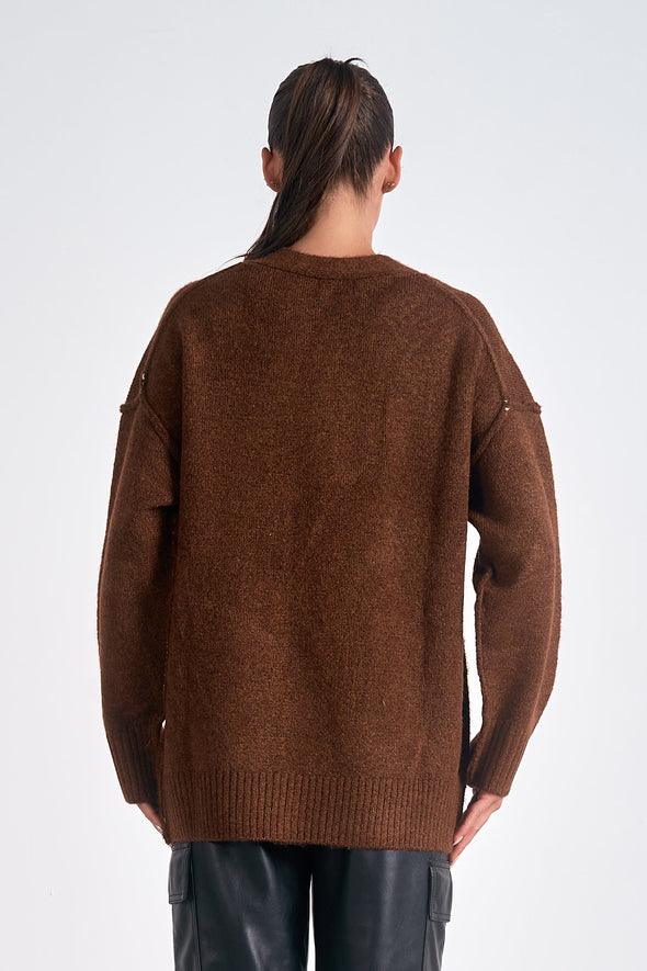 elan chunky knit oversized v-neck button front cardigan brown