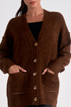 elan chunky knit oversized v-neck button front cardigan brown