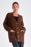 elan chunky knit oversized v-neck button front cardigan brown