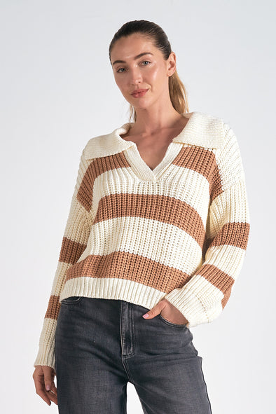 elan oversized v-neck collared striped chunky knit sweater camel white