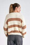 elan oversized v-neck collared striped chunky knit sweater camel white