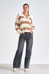 elan oversized v-neck collared striped chunky knit sweater camel white