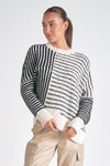 elan crewneck ribbed detail asymmetrical mixed stripe sweater black white