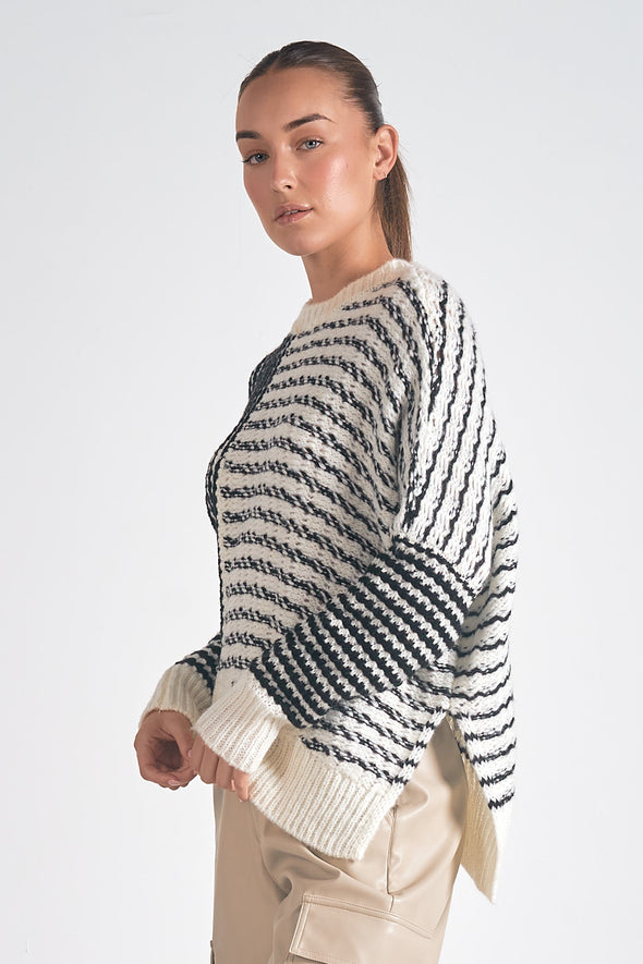 elan crewneck ribbed detail asymmetrical mixed stripe sweater black white