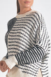 elan crewneck ribbed detail asymmetrical mixed stripe sweater black white