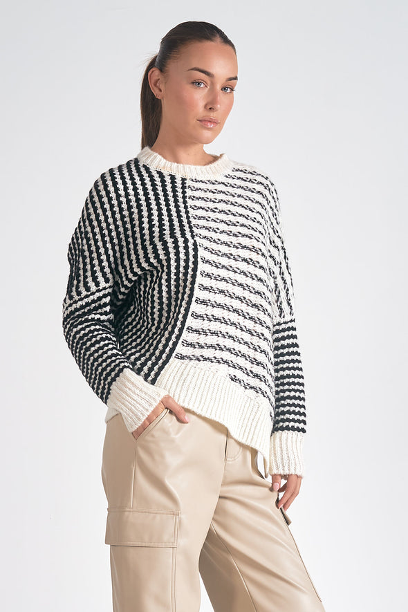 elan crewneck ribbed detail asymmetrical mixed stripe sweater black white