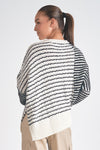 elan crewneck ribbed detail asymmetrical mixed stripe sweater black white